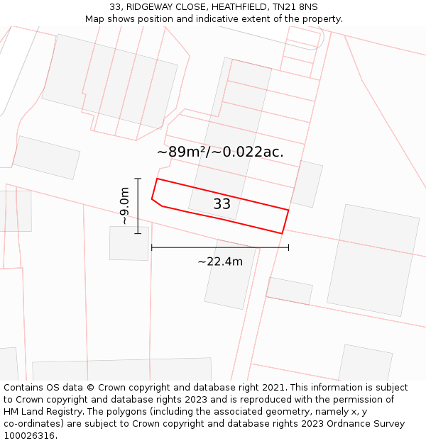 33, RIDGEWAY CLOSE, HEATHFIELD, TN21 8NS: Plot and title map