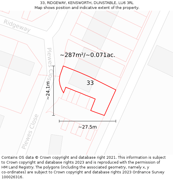 33, RIDGEWAY, KENSWORTH, DUNSTABLE, LU6 3RL: Plot and title map