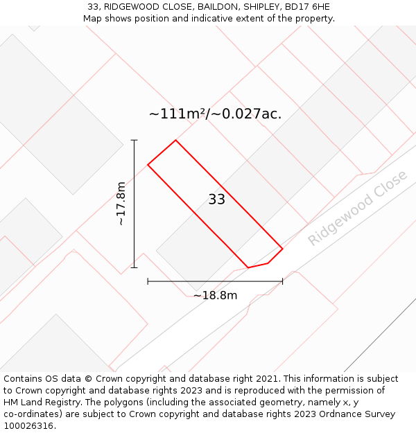 33, RIDGEWOOD CLOSE, BAILDON, SHIPLEY, BD17 6HE: Plot and title map
