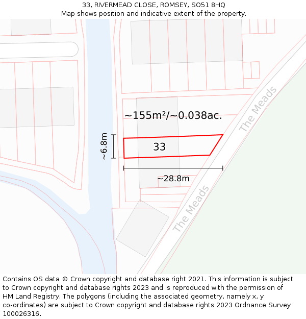 33, RIVERMEAD CLOSE, ROMSEY, SO51 8HQ: Plot and title map