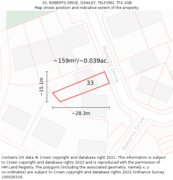 33, ROBERTS DRIVE, DAWLEY, TELFORD, TF4 2GB: Plot and title map