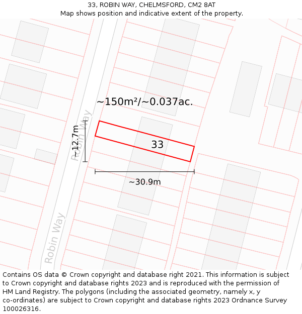 33, ROBIN WAY, CHELMSFORD, CM2 8AT: Plot and title map