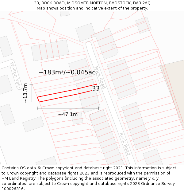 33, ROCK ROAD, MIDSOMER NORTON, RADSTOCK, BA3 2AQ: Plot and title map