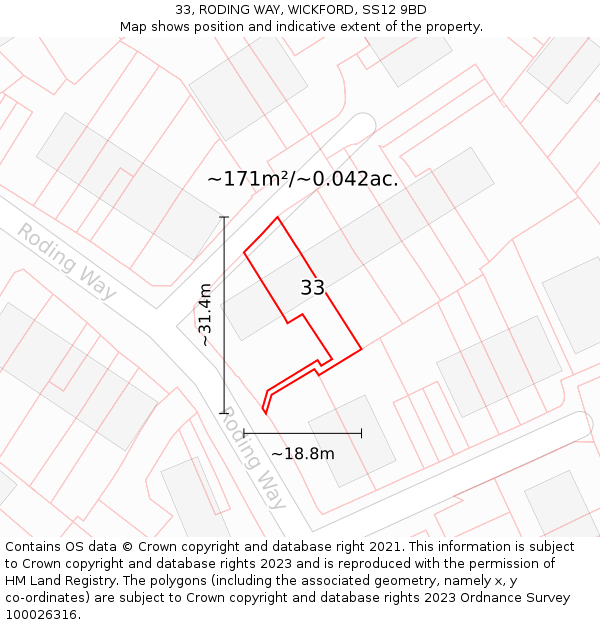 33, RODING WAY, WICKFORD, SS12 9BD: Plot and title map