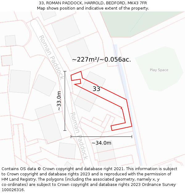 33, ROMAN PADDOCK, HARROLD, BEDFORD, MK43 7FR: Plot and title map