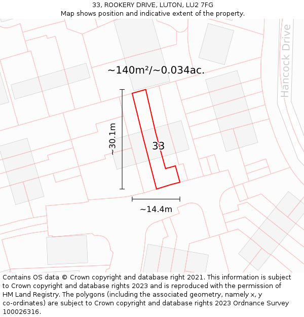 33, ROOKERY DRIVE, LUTON, LU2 7FG: Plot and title map