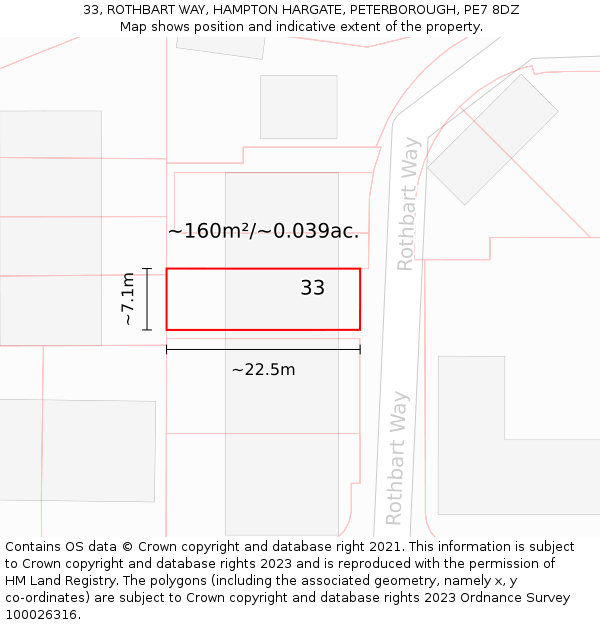 33, ROTHBART WAY, HAMPTON HARGATE, PETERBOROUGH, PE7 8DZ: Plot and title map