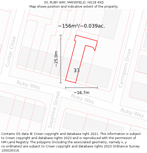 33, RUBY WAY, MANSFIELD, NG18 4XQ: Plot and title map