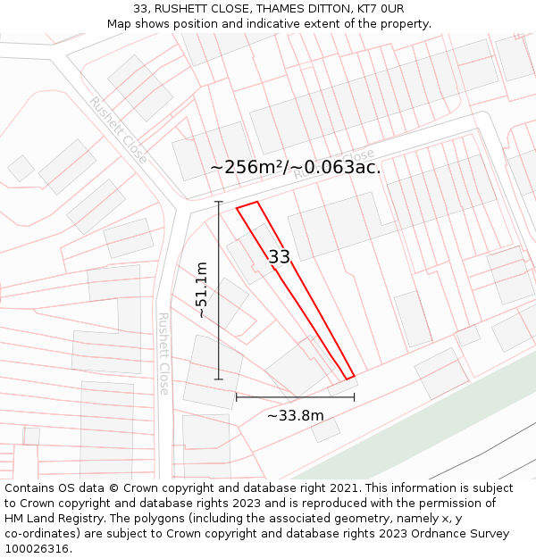 33, RUSHETT CLOSE, THAMES DITTON, KT7 0UR: Plot and title map