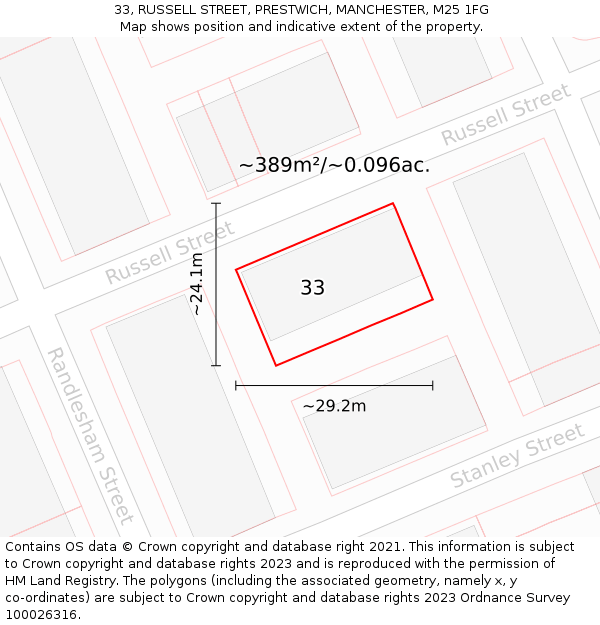 33, RUSSELL STREET, PRESTWICH, MANCHESTER, M25 1FG: Plot and title map