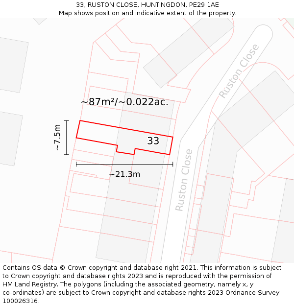 33, RUSTON CLOSE, HUNTINGDON, PE29 1AE: Plot and title map