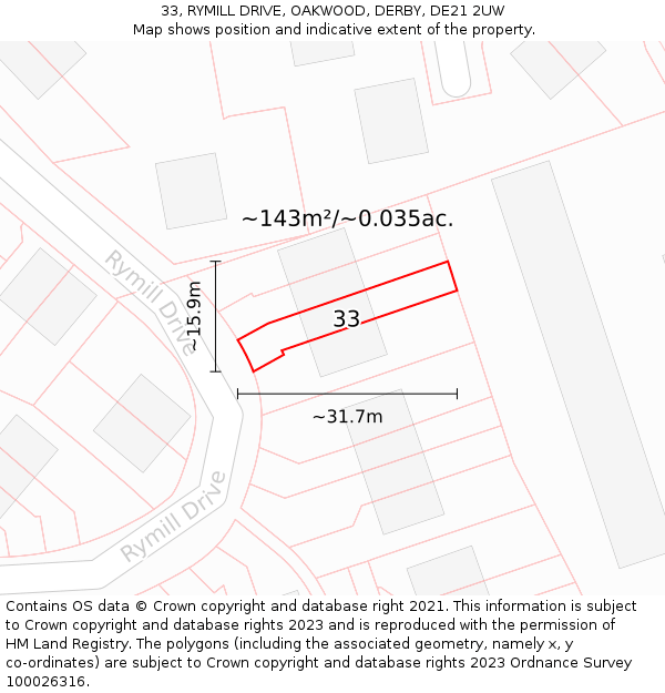 33, RYMILL DRIVE, OAKWOOD, DERBY, DE21 2UW: Plot and title map