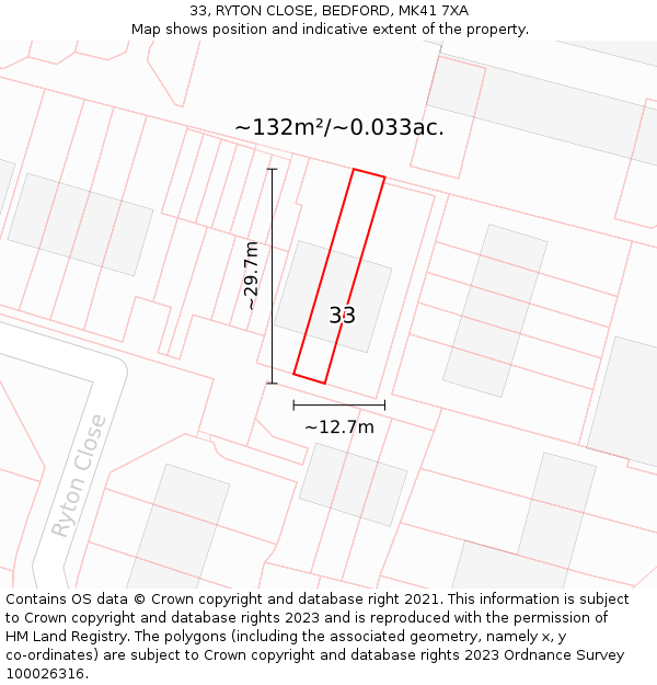 33, RYTON CLOSE, BEDFORD, MK41 7XA: Plot and title map