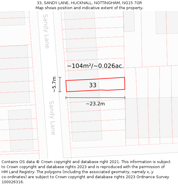 33, SANDY LANE, HUCKNALL, NOTTINGHAM, NG15 7GR: Plot and title map