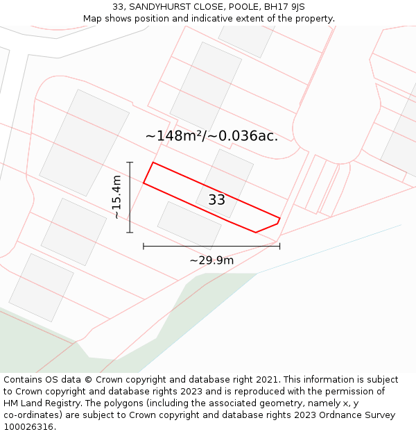 33, SANDYHURST CLOSE, POOLE, BH17 9JS: Plot and title map