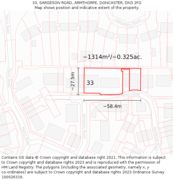 33, SARGESON ROAD, ARMTHORPE, DONCASTER, DN3 2FG: Plot and title map