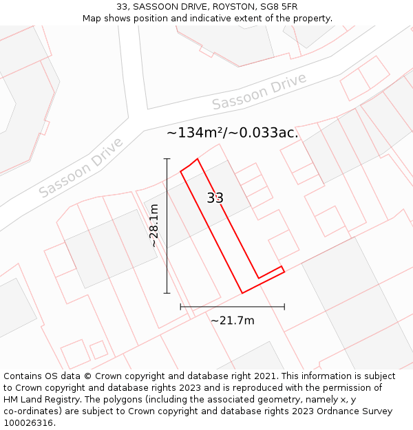 33, SASSOON DRIVE, ROYSTON, SG8 5FR: Plot and title map