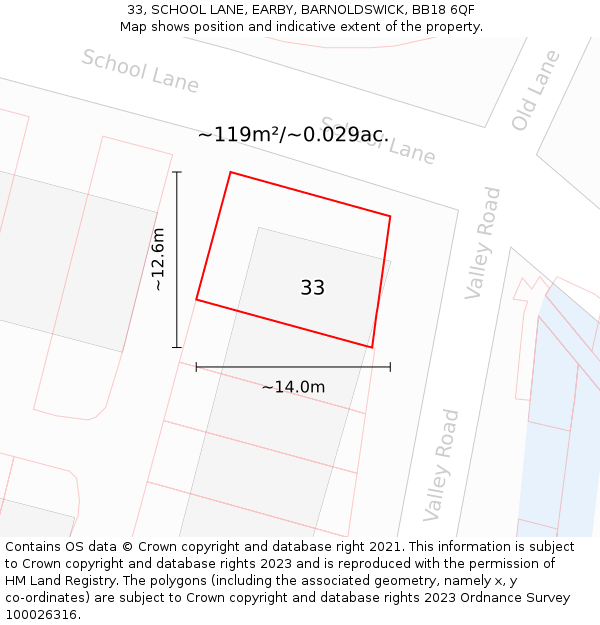 33, SCHOOL LANE, EARBY, BARNOLDSWICK, BB18 6QF: Plot and title map