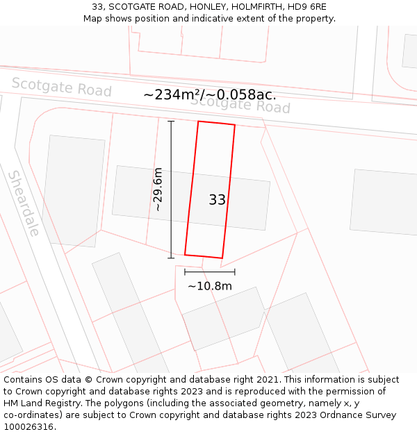 33, SCOTGATE ROAD, HONLEY, HOLMFIRTH, HD9 6RE: Plot and title map