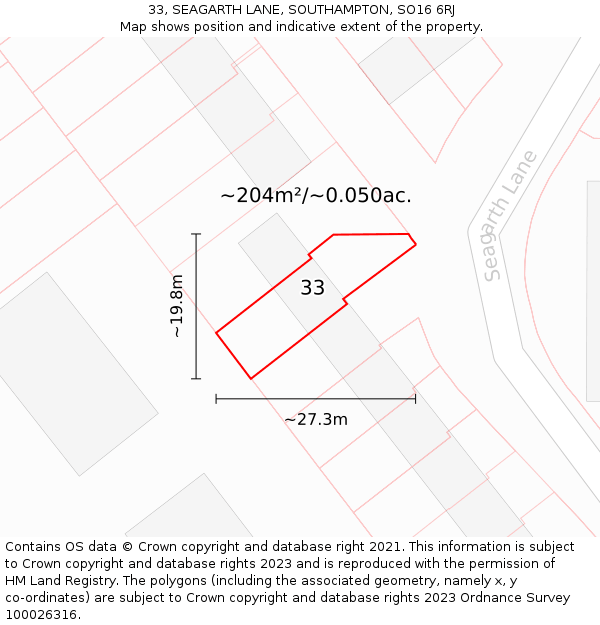 33, SEAGARTH LANE, SOUTHAMPTON, SO16 6RJ: Plot and title map