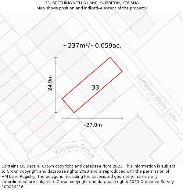 33, SEETHING WELLS LANE, SURBITON, KT6 5NA: Plot and title map