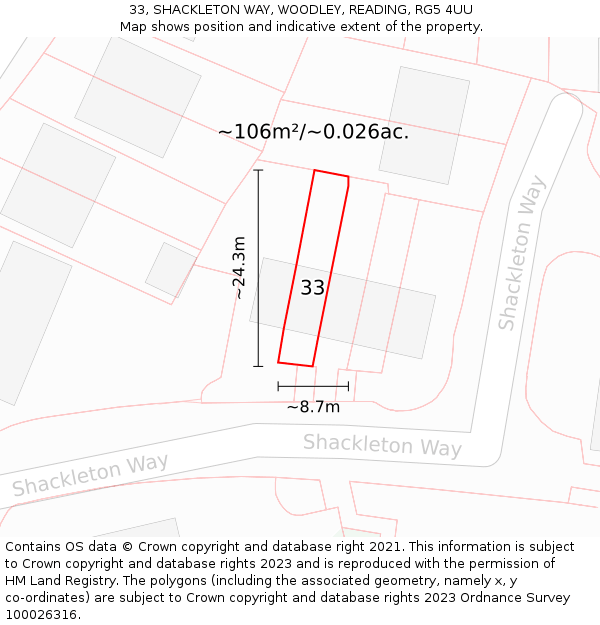 33, SHACKLETON WAY, WOODLEY, READING, RG5 4UU: Plot and title map