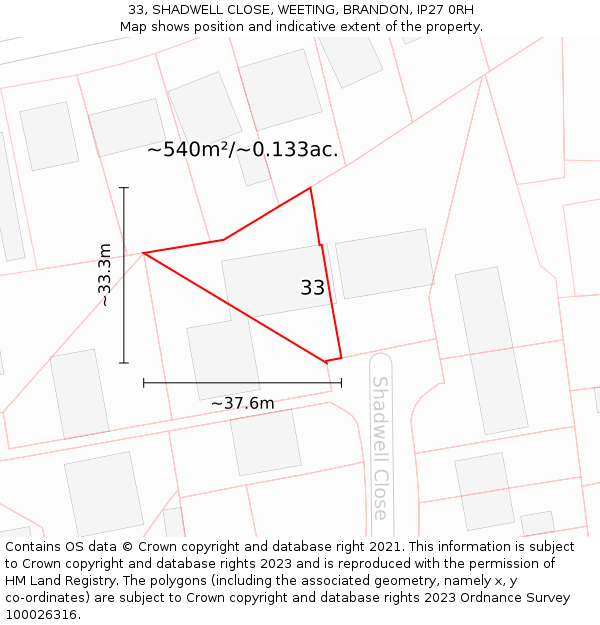 33, SHADWELL CLOSE, WEETING, BRANDON, IP27 0RH: Plot and title map