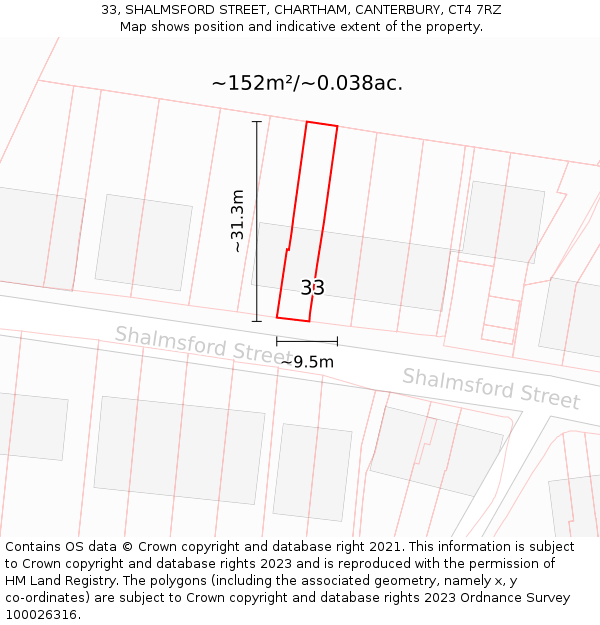 33, SHALMSFORD STREET, CHARTHAM, CANTERBURY, CT4 7RZ: Plot and title map
