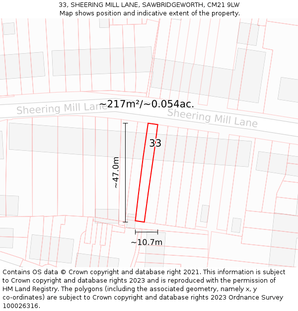 33, SHEERING MILL LANE, SAWBRIDGEWORTH, CM21 9LW: Plot and title map
