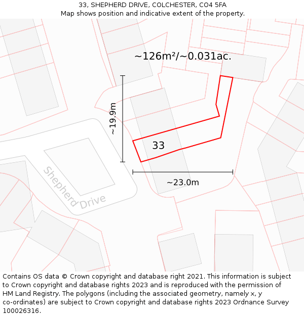 33, SHEPHERD DRIVE, COLCHESTER, CO4 5FA: Plot and title map