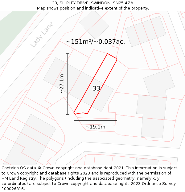 33, SHIPLEY DRIVE, SWINDON, SN25 4ZA: Plot and title map