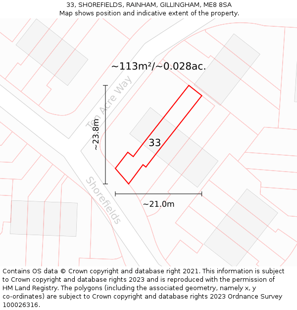 33, SHOREFIELDS, RAINHAM, GILLINGHAM, ME8 8SA: Plot and title map