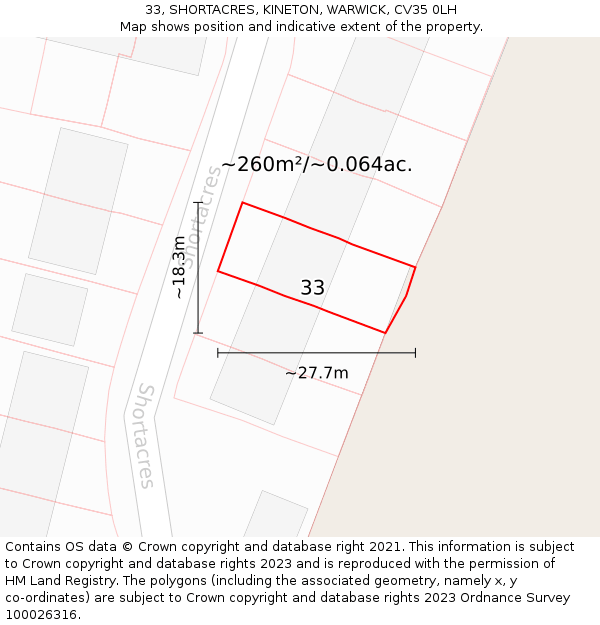 33, SHORTACRES, KINETON, WARWICK, CV35 0LH: Plot and title map