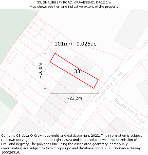 33, SHRUBBERY ROAD, GRAVESEND, DA12 1JW: Plot and title map