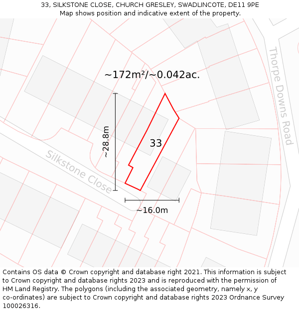 33, SILKSTONE CLOSE, CHURCH GRESLEY, SWADLINCOTE, DE11 9PE: Plot and title map