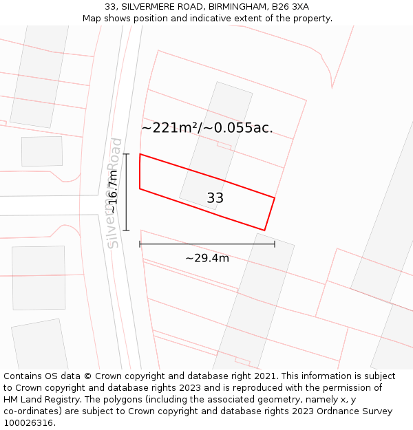 33, SILVERMERE ROAD, BIRMINGHAM, B26 3XA: Plot and title map