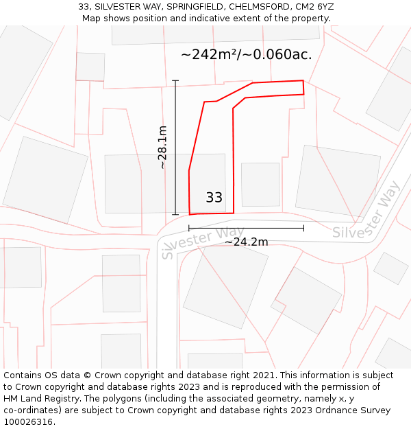33, SILVESTER WAY, SPRINGFIELD, CHELMSFORD, CM2 6YZ: Plot and title map