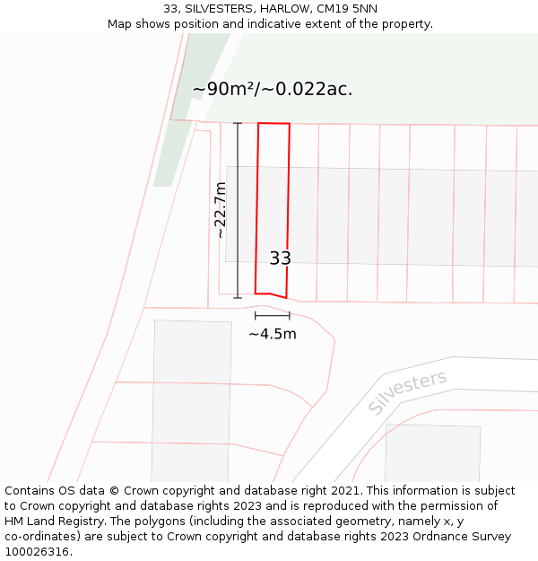 33, SILVESTERS, HARLOW, CM19 5NN: Plot and title map