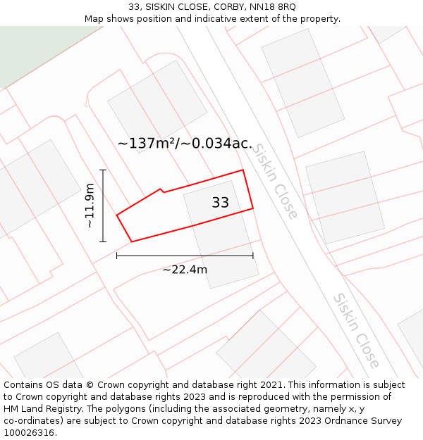 33, SISKIN CLOSE, CORBY, NN18 8RQ: Plot and title map