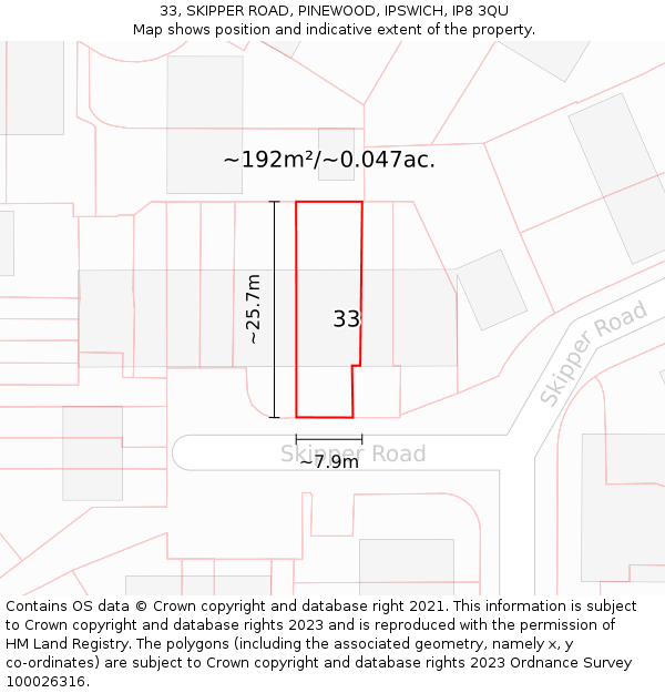 33, SKIPPER ROAD, PINEWOOD, IPSWICH, IP8 3QU: Plot and title map