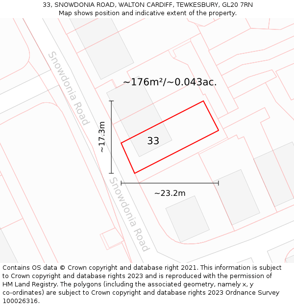 33, SNOWDONIA ROAD, WALTON CARDIFF, TEWKESBURY, GL20 7RN: Plot and title map