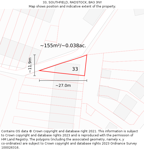33, SOUTHFIELD, RADSTOCK, BA3 3NY: Plot and title map