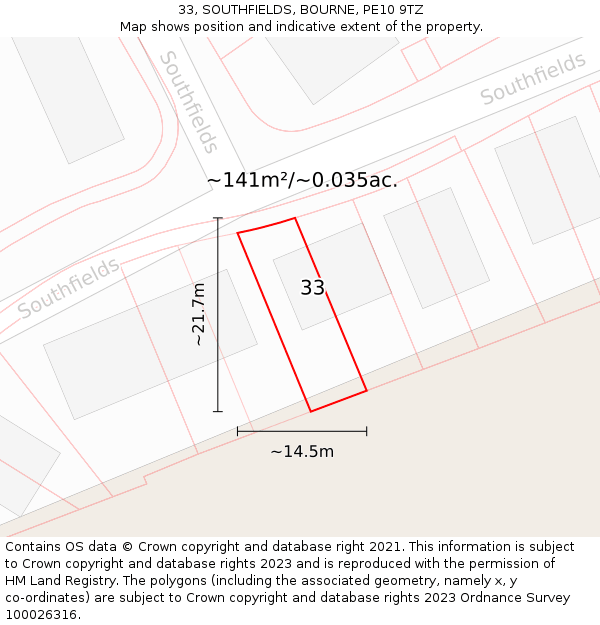 33, SOUTHFIELDS, BOURNE, PE10 9TZ: Plot and title map
