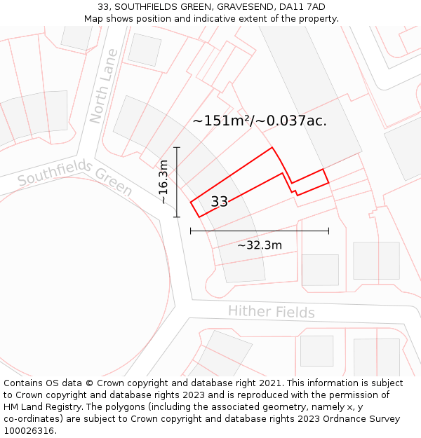 33, SOUTHFIELDS GREEN, GRAVESEND, DA11 7AD: Plot and title map