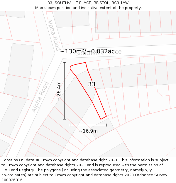 33, SOUTHVILLE PLACE, BRISTOL, BS3 1AW: Plot and title map
