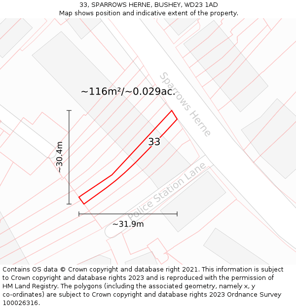 33, SPARROWS HERNE, BUSHEY, WD23 1AD: Plot and title map