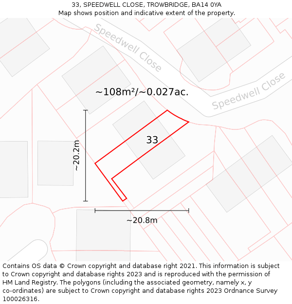 33, SPEEDWELL CLOSE, TROWBRIDGE, BA14 0YA: Plot and title map