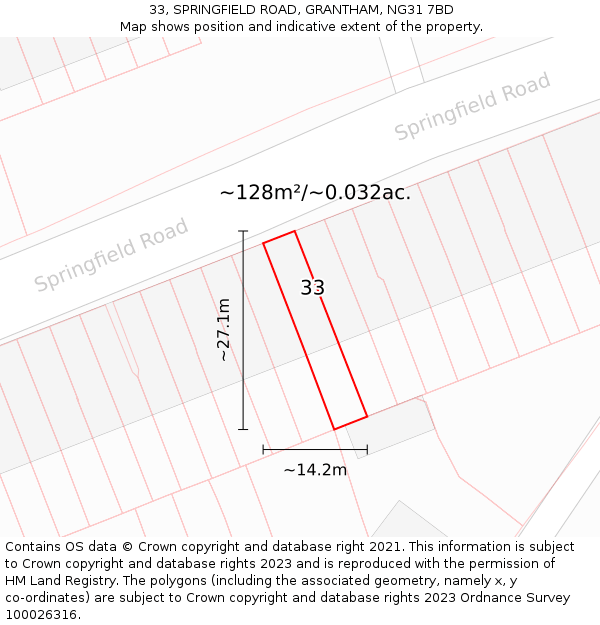 33, SPRINGFIELD ROAD, GRANTHAM, NG31 7BD: Plot and title map
