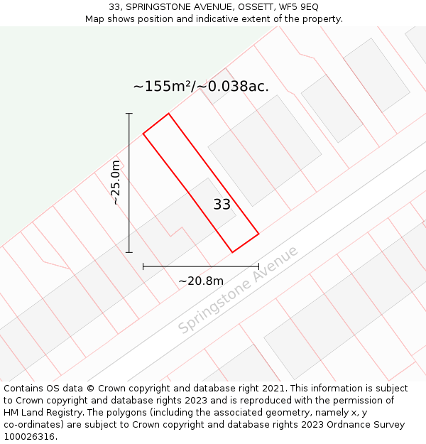 33, SPRINGSTONE AVENUE, OSSETT, WF5 9EQ: Plot and title map