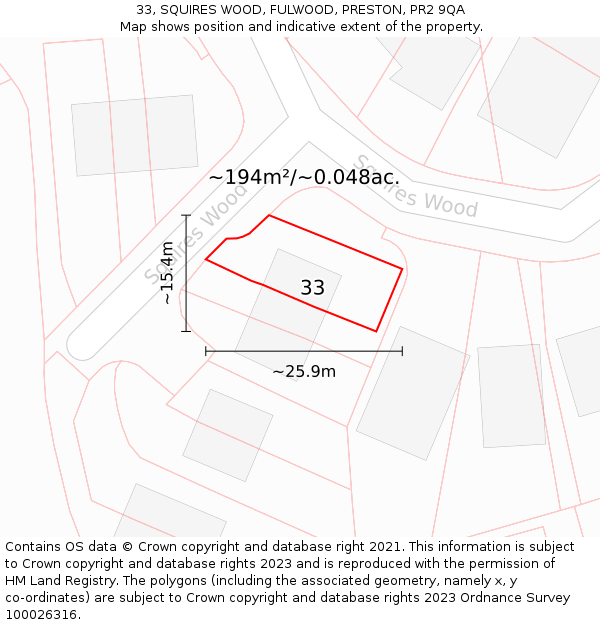 33, SQUIRES WOOD, FULWOOD, PRESTON, PR2 9QA: Plot and title map